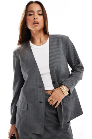 JDY Collarless pinstripe blazer in grey (part of a set)