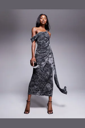 ASOS Mesh asymmetric off shoulder midi dress with hitched drape sash in floral abstract print-Multi
