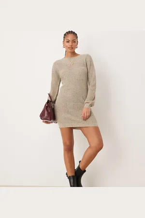 JDY Boat neck knitted mini dress in -Neutral
