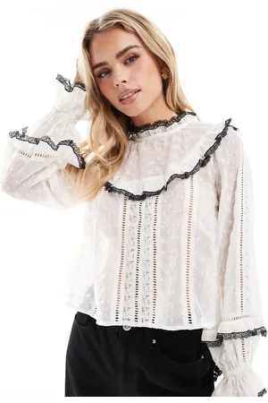 Miss Selfridge Embroidered chiffon heritage blouse with black tipping-White