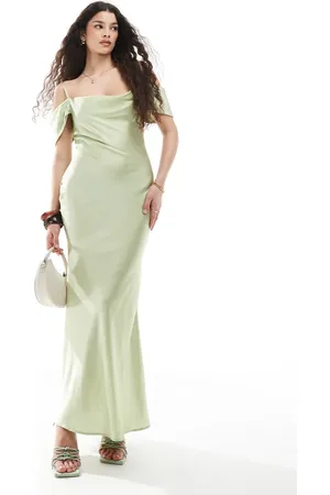 New Look Bardot satin midaxi dress in sage green