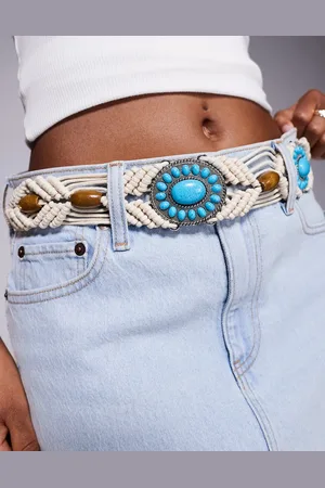 ASOS Macrame belt in natural with turquoise stone-White