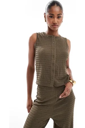Brave Soul Textured button down singlet in brown (part of a set)