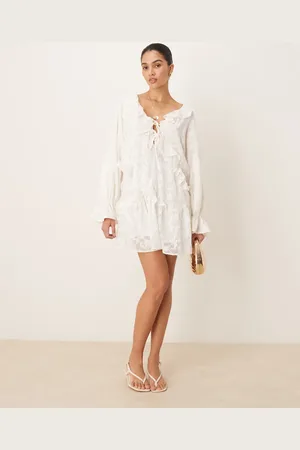 Gina Tricot Lace mini dress with scalloped ruffles in antique white