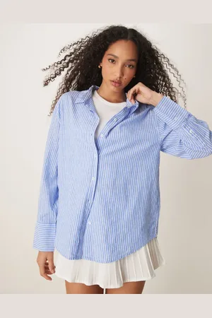 Gina Tricot Linen blend oversized shirt in navy blue and white stripes
