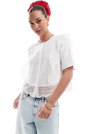 Pieces® Broderie cutwork detail short sleeve blouse in cloud white