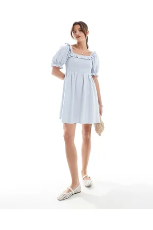 New Look Shirred frill mini dress in blue