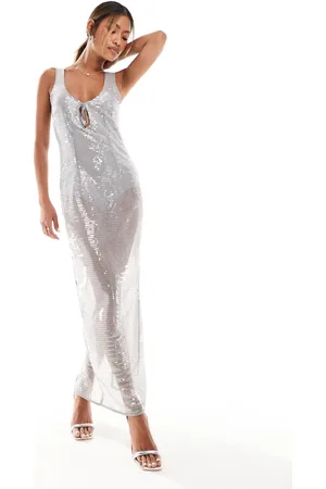 Kaiia Sheer sequin sleeveless tie front maxi dress in silver