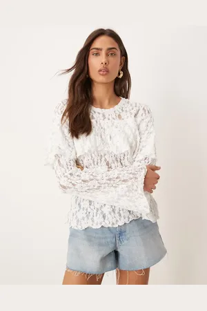 Gina Tricot Jersey scalloped lace long sleeve caped top in