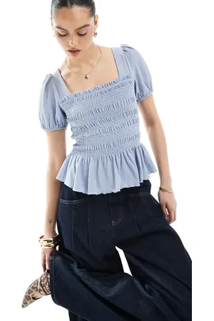 New Look Shirred bodice puff sleeve top in blue