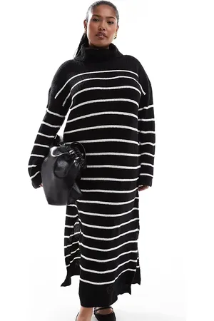 VILA High neck knitted maxi dress in black and white stripe