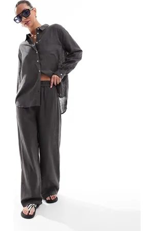 ONLY Linen blend wide leg pants in grey (part of a set)
