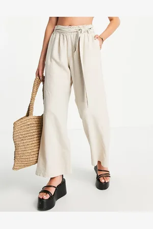 JDY Wide leg belted linen mix pants in stone (part of a set)-Neutral
