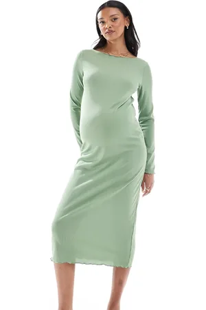 Mama;licious Mamalicious Maternity boat neck jersey midi dress in khaki-Green