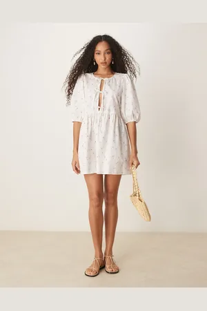 Gina Tricot Tie front bodice mini dress with puff sleeves in -White