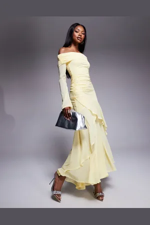 ASOS Stretch chiffon long sleeve bardot maxi dress with ruffle hem in
