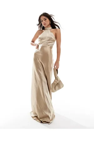 Six Stories Bridesmaid satin halter maxi dress in -Gold
