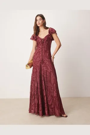 ASOS Flutter sleeve tie front burnout maxi dress in -Red