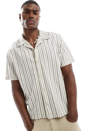 JACK & JONES Premium revere collar shirt in cream navy stripe