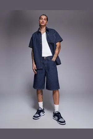 Liquor N Poker Oversized pinstripe denim jorts in dark indigo-Blue