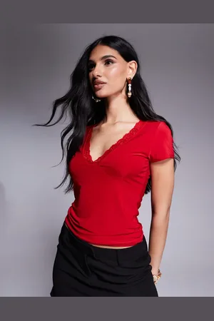 Fashionkilla Slinky double layered plunge t-shirt with lace trim in