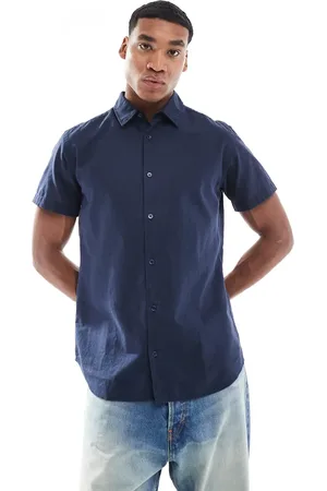 JJ Short sleeve linen blend shirt in navy