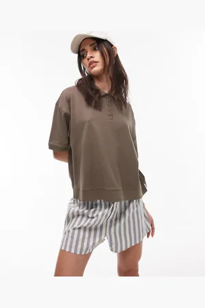Topshop Short sleeve boxy polo in khaki-Green