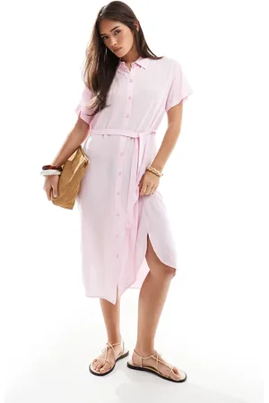 VERO MODA Shirt midi dress with tie belt in pink
