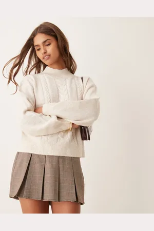 JDY High neck cable knit jumper in -White