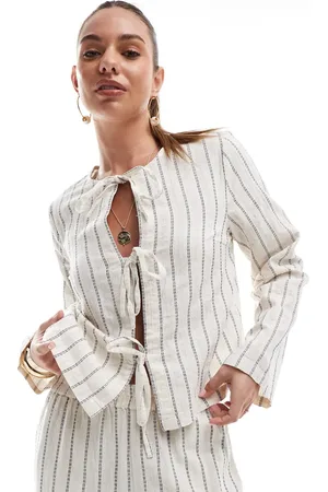 Pieces® Linen touch tie front blouse in birch cream and blue stripe (part of a set)