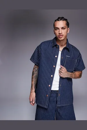 Liquor N Poker Oversized pinstripe denim shirt in dark indigo-Blue
