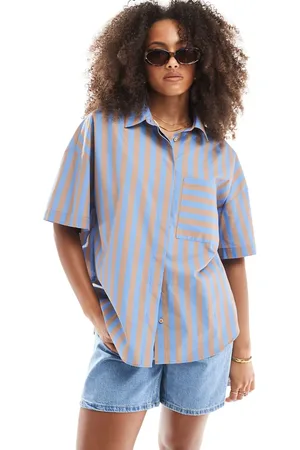 ASOS Short sleeve oversized shirt in blue and brown stripe-Multi