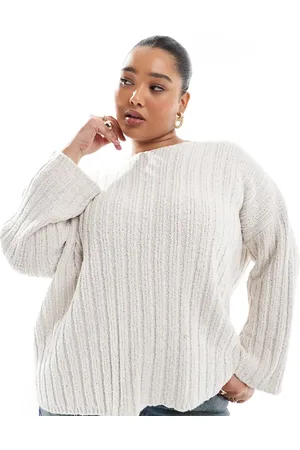 ASOS ASOS DESIGN Curve knitted slash neck textured rib jumper in -White