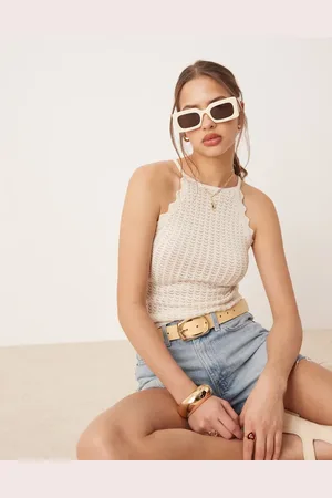 AWARE Fine knit tank top with scalloped trim in -White