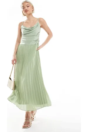 TFNC Bridesmaid cowl neck maxi dress with pleated skirt in green