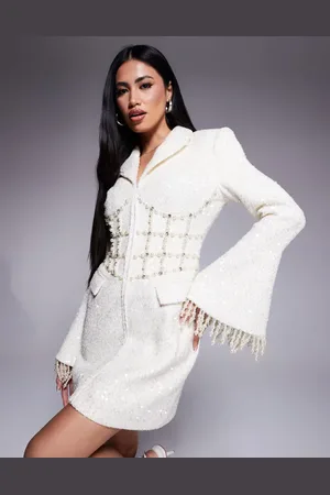 Lavish Alice Pearl embellished boucle mini blazer dress in -Neutral