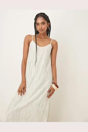 VILA Plisse cami maxi slip dress in pale silt green tie dye-White