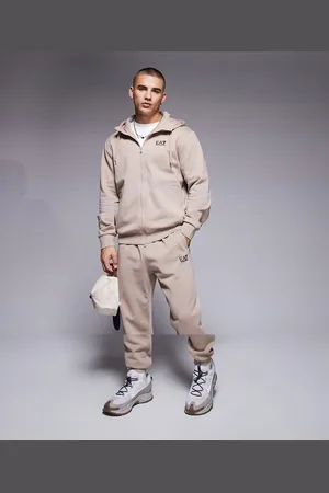 EA7 Armani zip through logo hoodie and trackies set in beige-Neutral