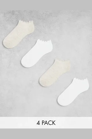 Lindex 4 pack ribbed ankle socks with frill edge in white and beige-Multi