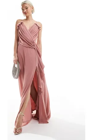 TFNC Bridesmaid wrap front chiffon maxi dress with frill detail and split in