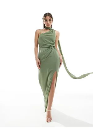 TFNC Bridesmaid one shoulder maxi dress with twist front and scarf detail in