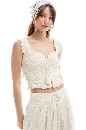 The Frolic Exclusive broderie shirred tie tassel detail crop top in (part of a set)-White