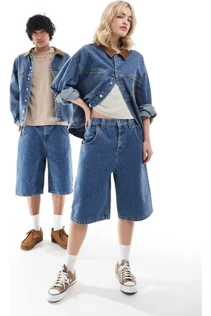 Reclaimed Unisex western longer length denim jorts with embroidery in blue wash