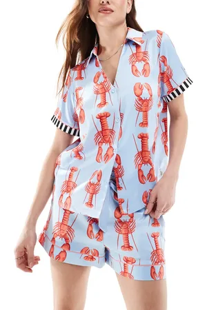Chelsea Peers Satin short sleeve revere shirt and shorts set in lobster print