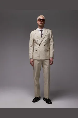 Topman Straight linen blend suit pants in -Neutral