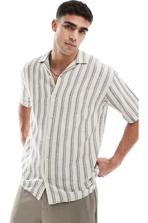 JACK & JONES Revere collar textured stripe short sleeve shirt in cream-White