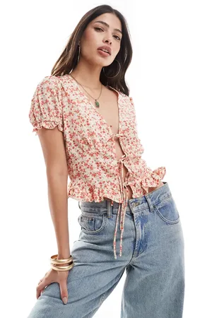Brave Soul Puff sleeve tie front floral top in