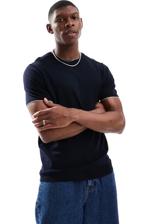 French Connection French Connection crew neck tipped knitted t-shirt in navy and ecru