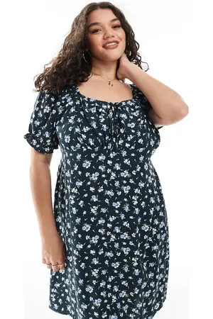 New Look New Look Curve milkmaid mini dress in blue floral gingham