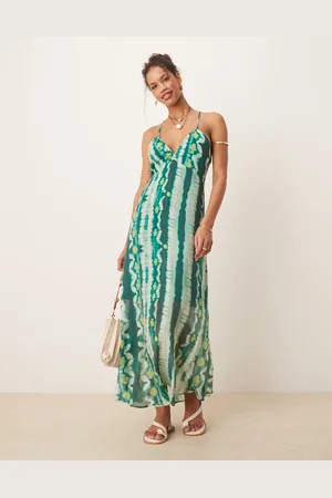 VILA Cross back strap detail maxi dress in green tie dye print